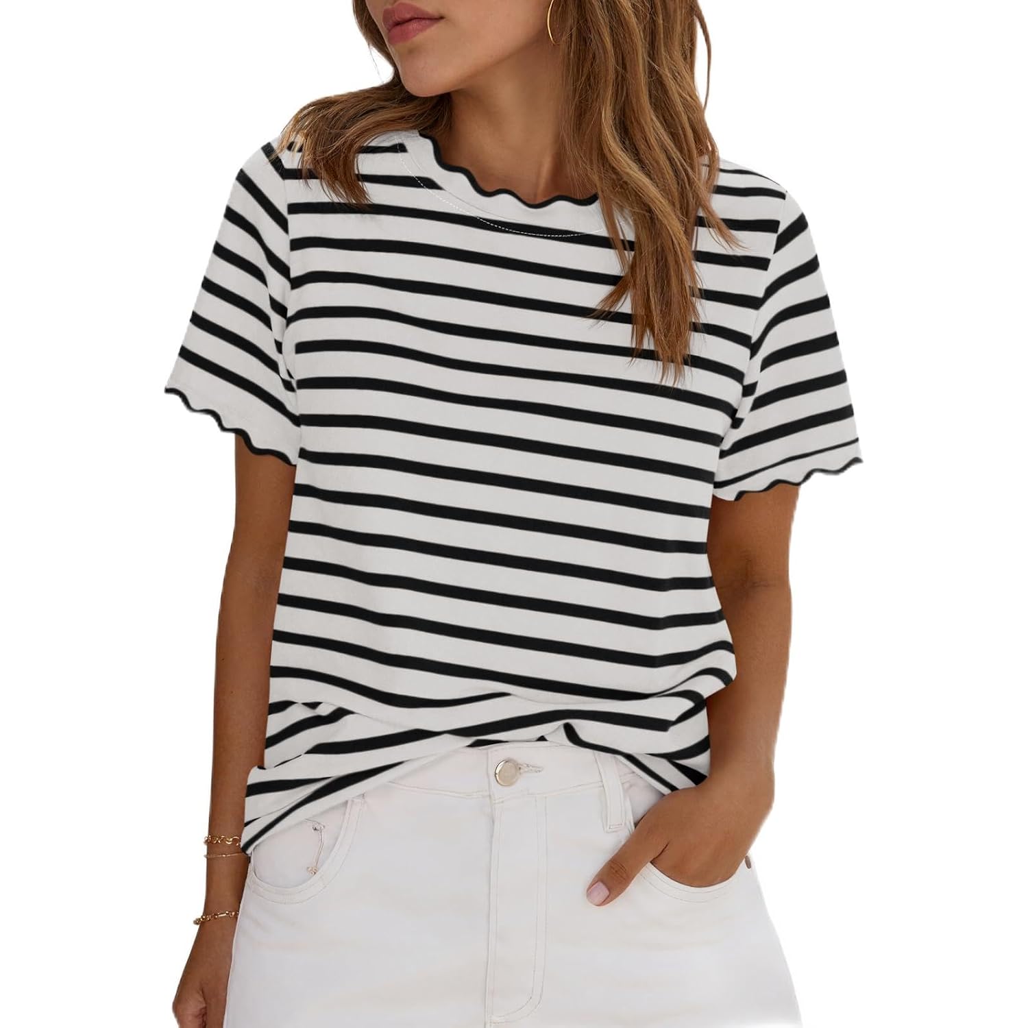 Tankaneo Womens Short Sleeve Striped Tshirts Summer Color Block Scalloped Tops Trendy Casual Basic Tee Shirts