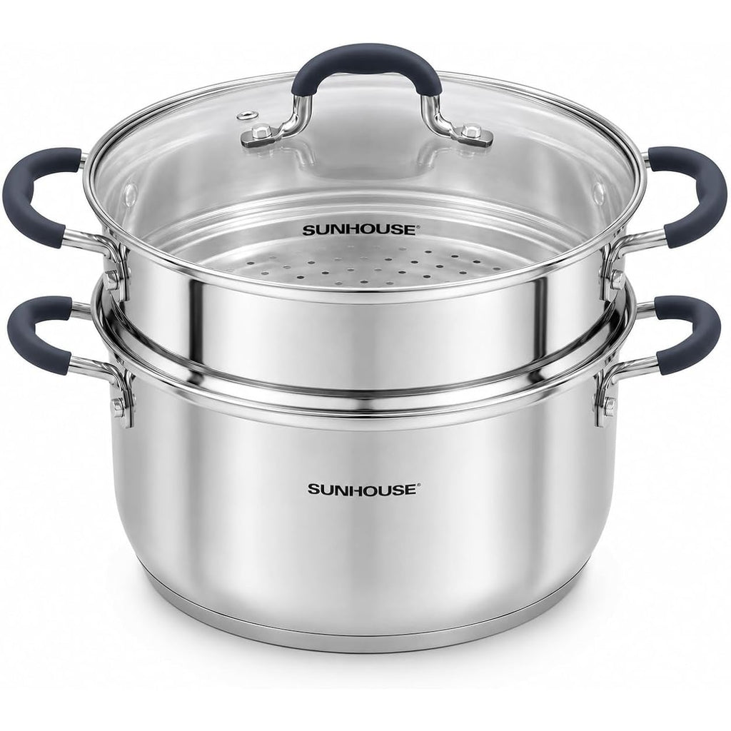 SUNHOUSE Stainless Steel Steamer Pot for Cooking - 3.1 QT Steaming Pot with Glass Lid & Steamer Basket - 2 Tier Tri-ply Vegetable Steamer with Stay-Cool Silicone Handles - Induction Compatible