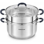 SUNHOUSE Stainless Steel Steamer Pot for Cooking - 3.1 QT Steaming Pot with Glass Lid & Steamer Basket - 2 Tier Tri-ply Vegetable Steamer with Stay-Cool Silicone Handles - Induction Compatible