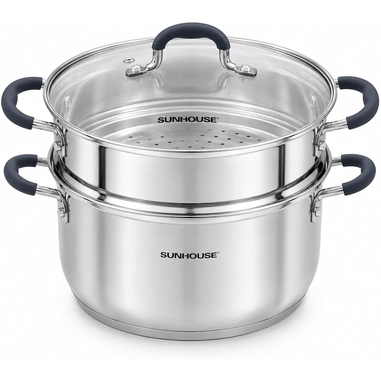 SUNHOUSE Stainless Steel Steamer Pot for Cooking - 3.1 QT Steaming Pot with Glass Lid & Steamer Basket - 2 Tier Tri-ply Vegetable Steamer with Stay-Cool Silicone Handles - Induction Compatible