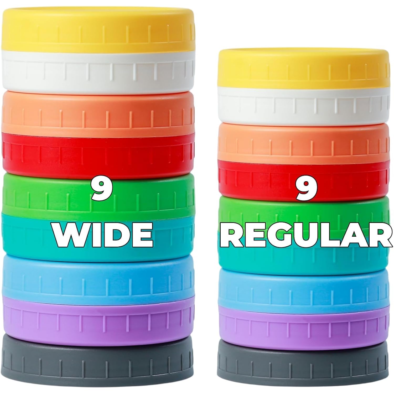 Bedgeta 18 Pack 9 Wide Mouth & 9 Regular Mouth Mason Jar Lids with Silicone Rings,Thickened Leak-proof Lids Fit Ball,Kerr and More, 18 Color Plastic Lids, 86mm &70mm Plastic Mason Jar Lids