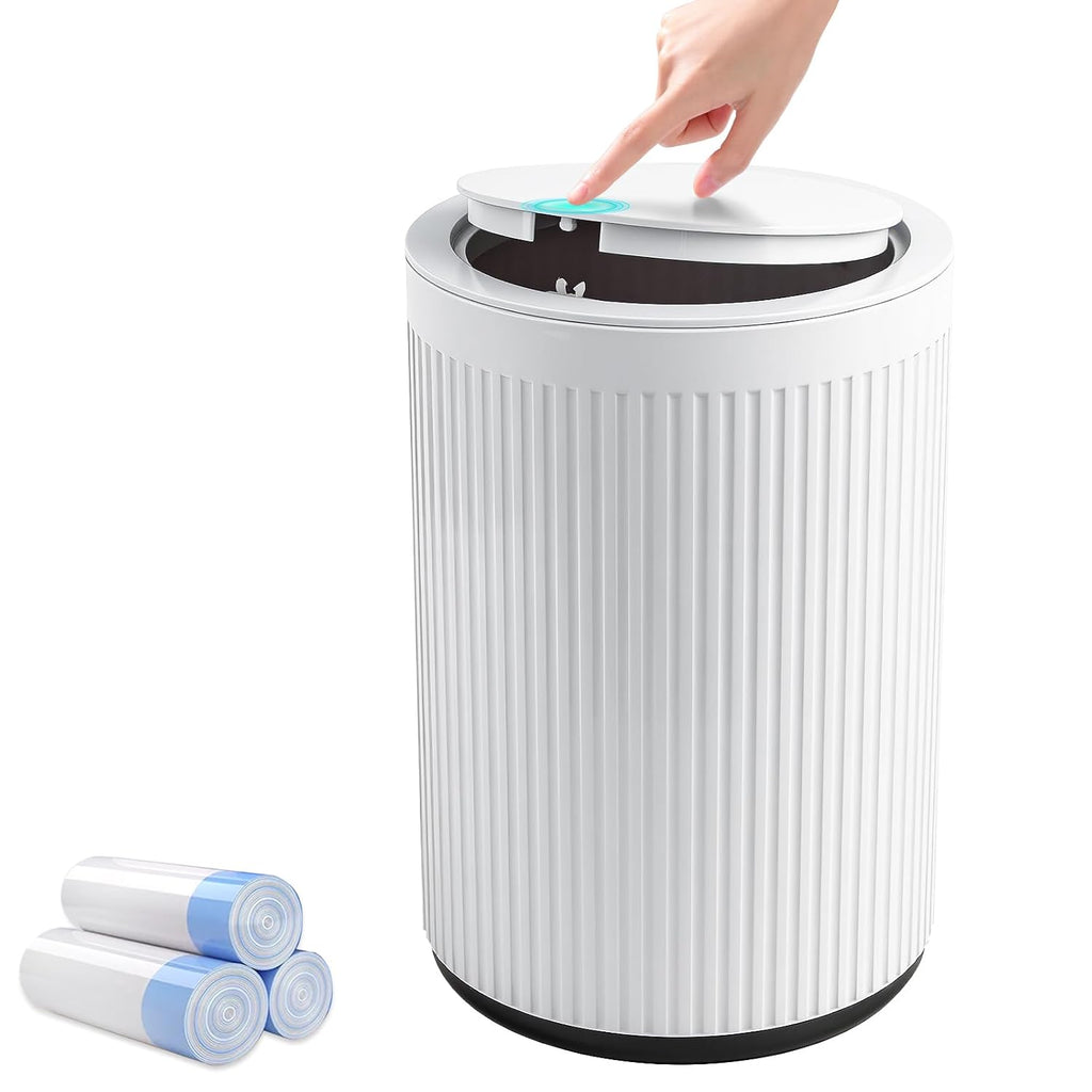 Small Bathroom Trash Can With Lid 2.1 Gallon Plastic Garbage Can White | Sturdy Stylish Decor Trash Bin With Trash Bags Round Wastebasket With Pop-Up Lid For Kitchen Bedroom Office College Dorm