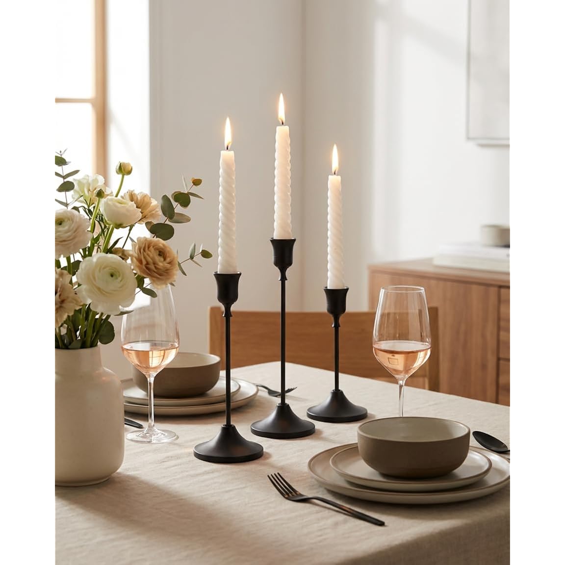 Black Taper Candle Holders Set of 3, Metal Vintage Candlestick Stands for Dining Table Centerpiece, Wedding Decor, Fireplace Mantel, Housewarming Gift