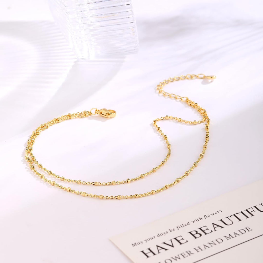 Gold/Silver Ankle Bracelets for Women,14K Gold Plated Anklets for Women Waterproof Cuban Link Heart Pearls Beads Rhinestone Anklets Set Layered Bracelets for Women Gold Jewelry Gift