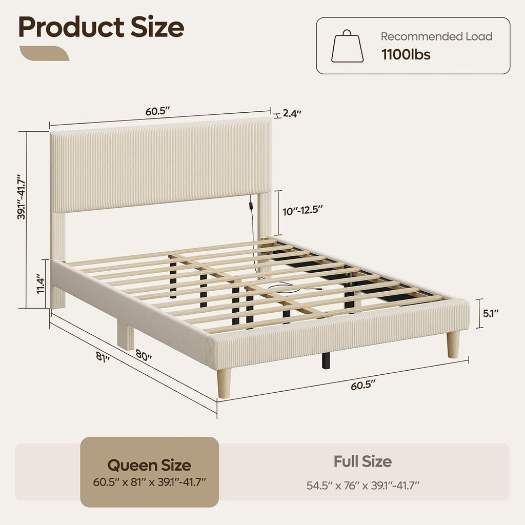 Bestier Queen Bed Frame With Headboard Led Lighting,Upholstered,Beige