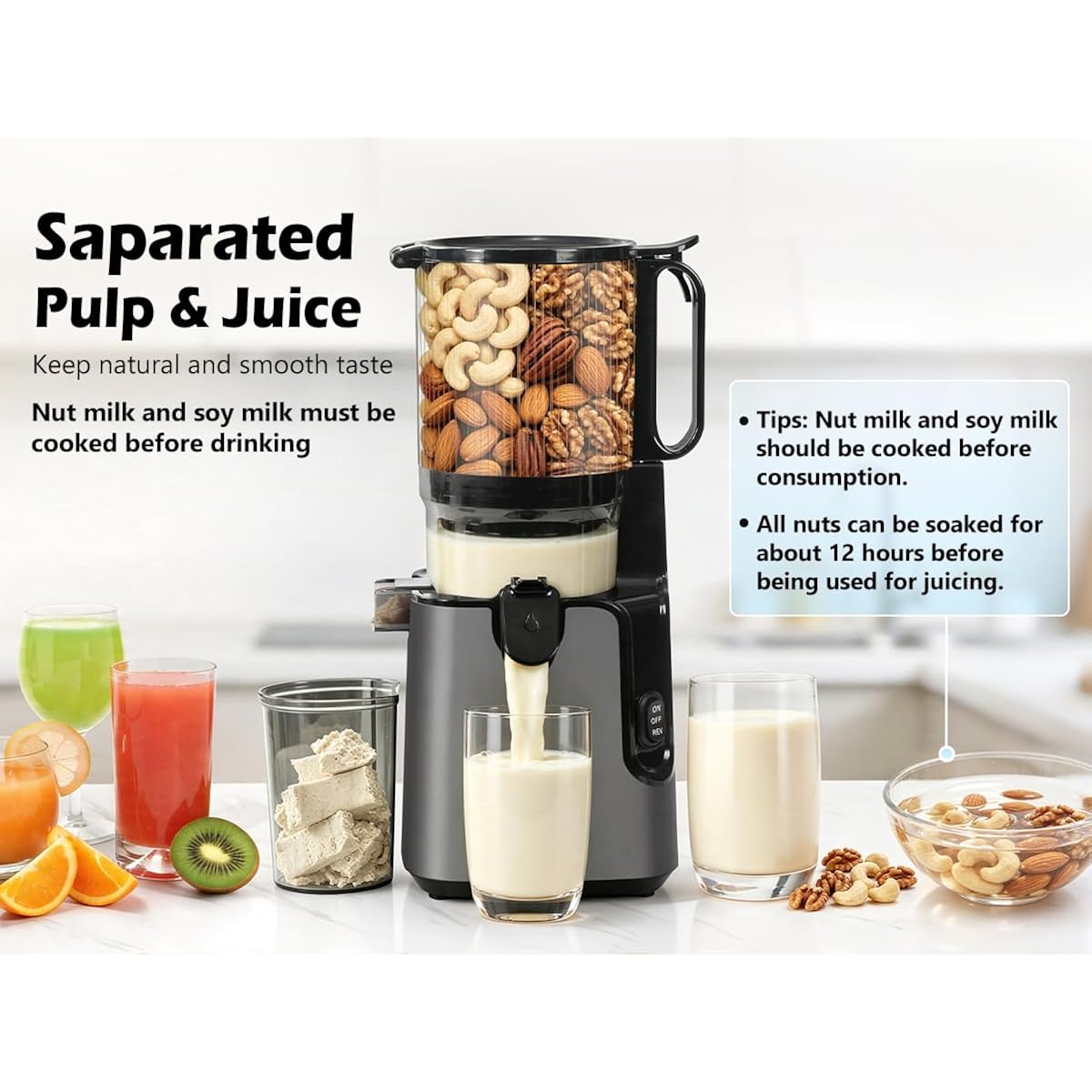 Juicer Machines with 5.8" Large Chute, 2-in-1 Cold Press Juicer for Whole Vegetables Fruits 400W, Masticating juicer Easy to Clean Juice Extractor Machine for Making Nut Mike, Juice, Premium Gray