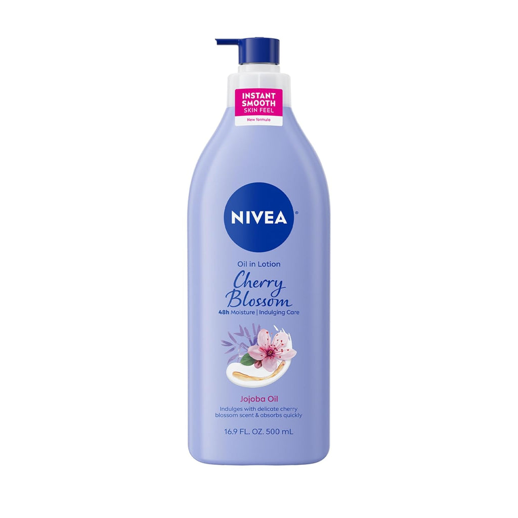 Nivea Oil Infused Cherry Blossom And Jojoba Oil Body Lotion For Women, Fast-Absorbing And Non-Greasy Cherry Blossom Scented Lotion Moisturizes For 48 Hours, 16.9 Fl Oz Pump Bottle