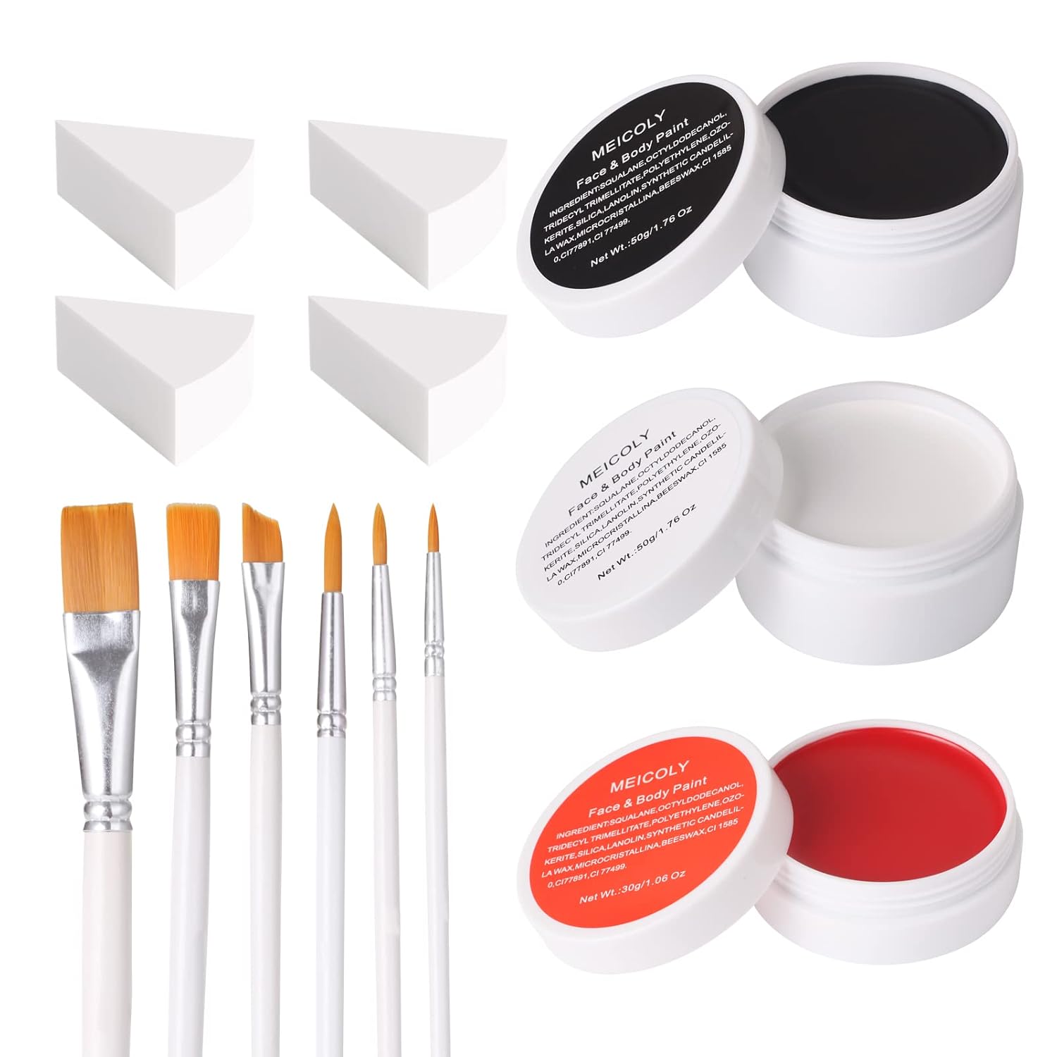 MEICOLY Clown Makeup Kit,White Black Red Face Body Paint for Halloween Devil Joker Zombie Vampire Skeleton SFX Makeup,Pro Oil Based Body Paint with 6 Painting Brushes,4 Sponges,130g/4.59 oz