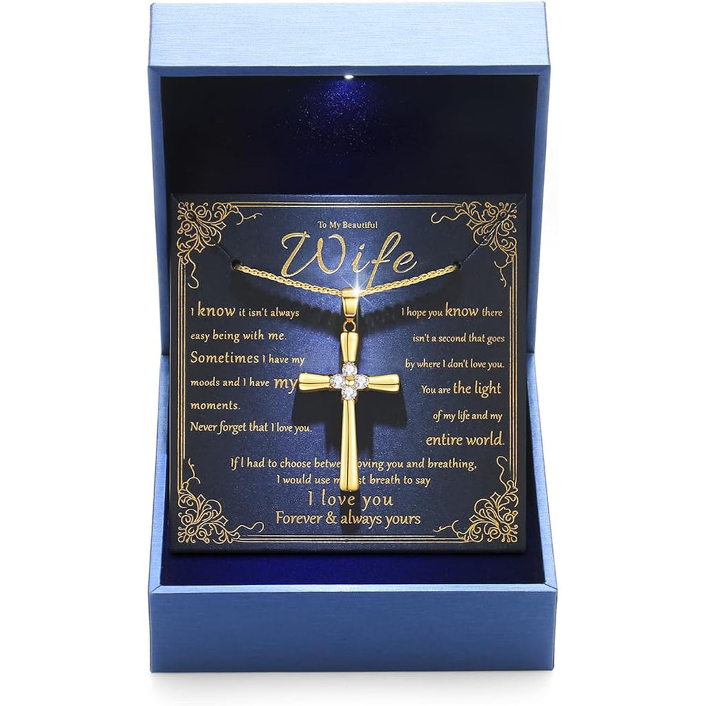 Moissanite Cross Necklace for Women Wife, 18K Gold Filled Sterling Silver Cross Pendant Chain Jewelry, Anniversary Birthday Gifts for Women Wife Her with LED Light-Up Gift Box and Gift Card-1CT