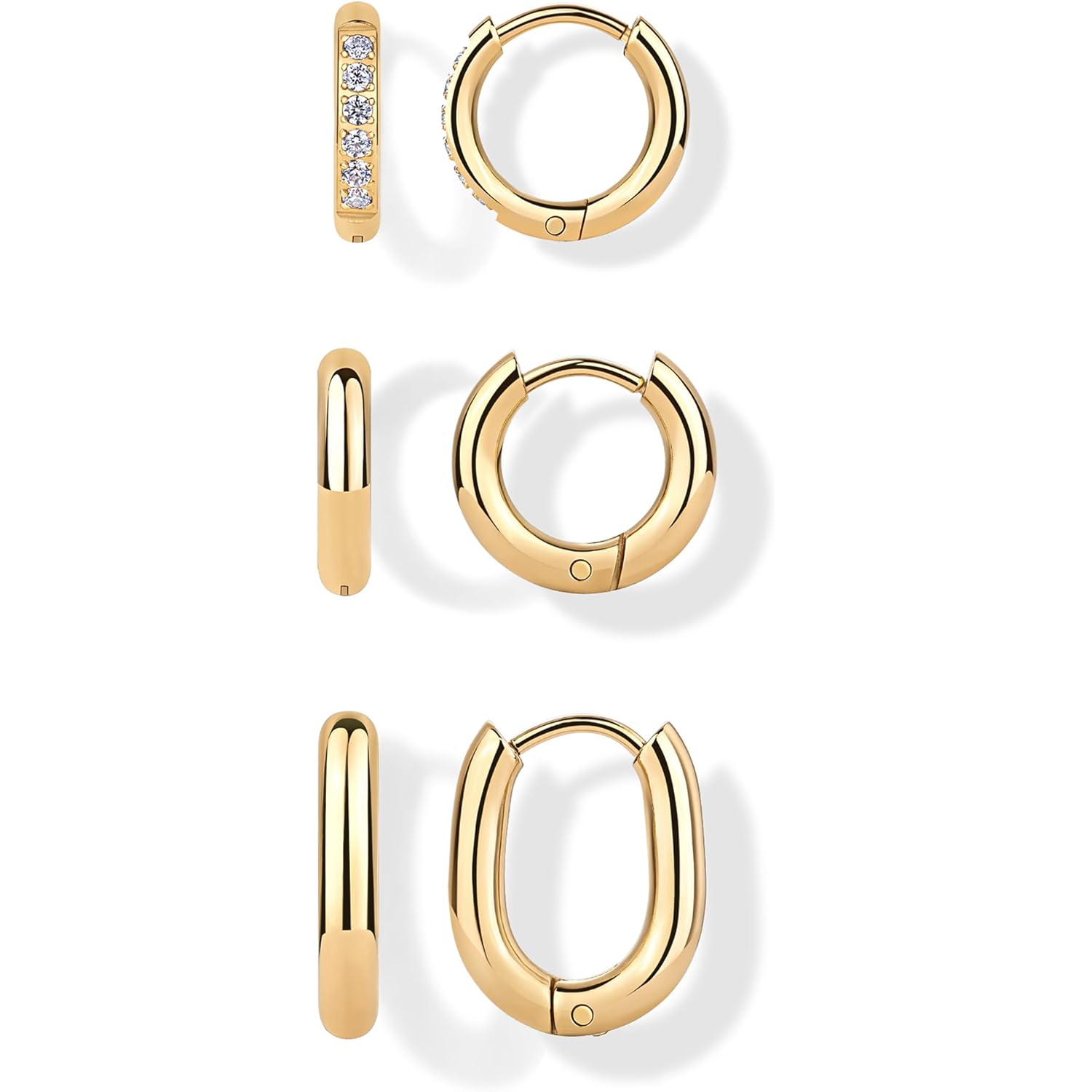 PAVOI Waterproof Huggie Hoop Earrings Set for Women - Stainless Steel Pack of 3 with Cubic Zirconia - Huggie Hoops Luxe Styles - Trendy Fashion Piercing Jewelry