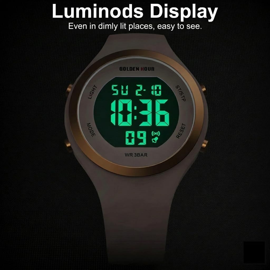Golden Hour Waterproof Sport Women'S Digital Chronograph Silicone Strap Watch