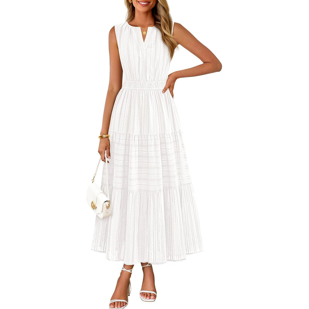 Merokeety Womens Summer Casual Midi Maxi Dress 2026 Beach Vacation Sleeveless Boho V Neck Cotton Modest Long Dresses Pockets