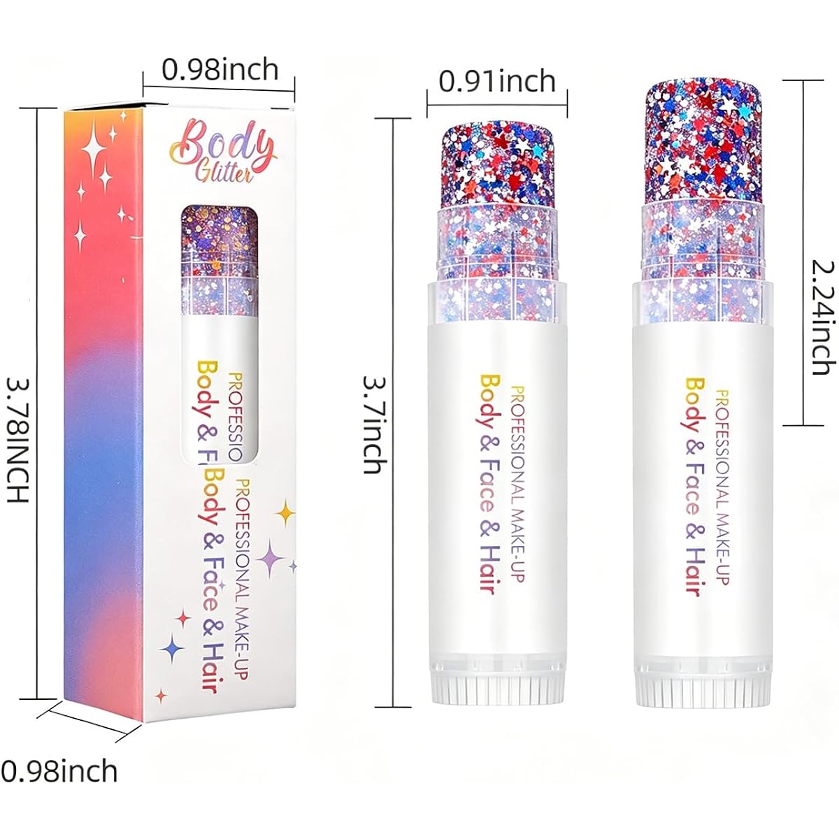 4th of July Body Glitter Stick Set for Face, Body & Hair - Red White & Blue Fine & Chunky Sparkle, Patriotic Makeup for Watch Party, Rave & Game Day 2 Pack