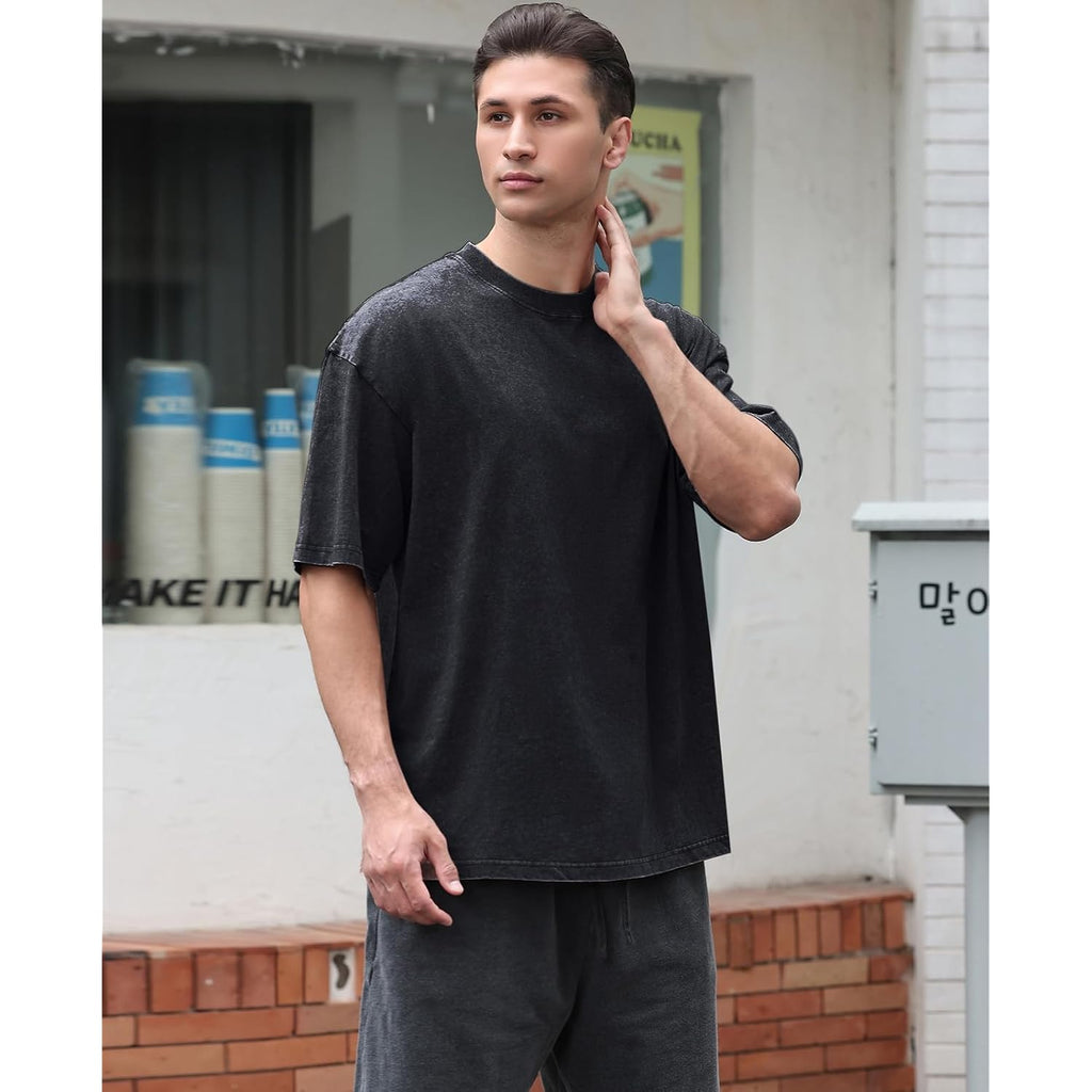 Men'S Cotton T-Shirts Oversized Unisex Short Sleeves Casual Loose Wash Solid Basic Tee Tops