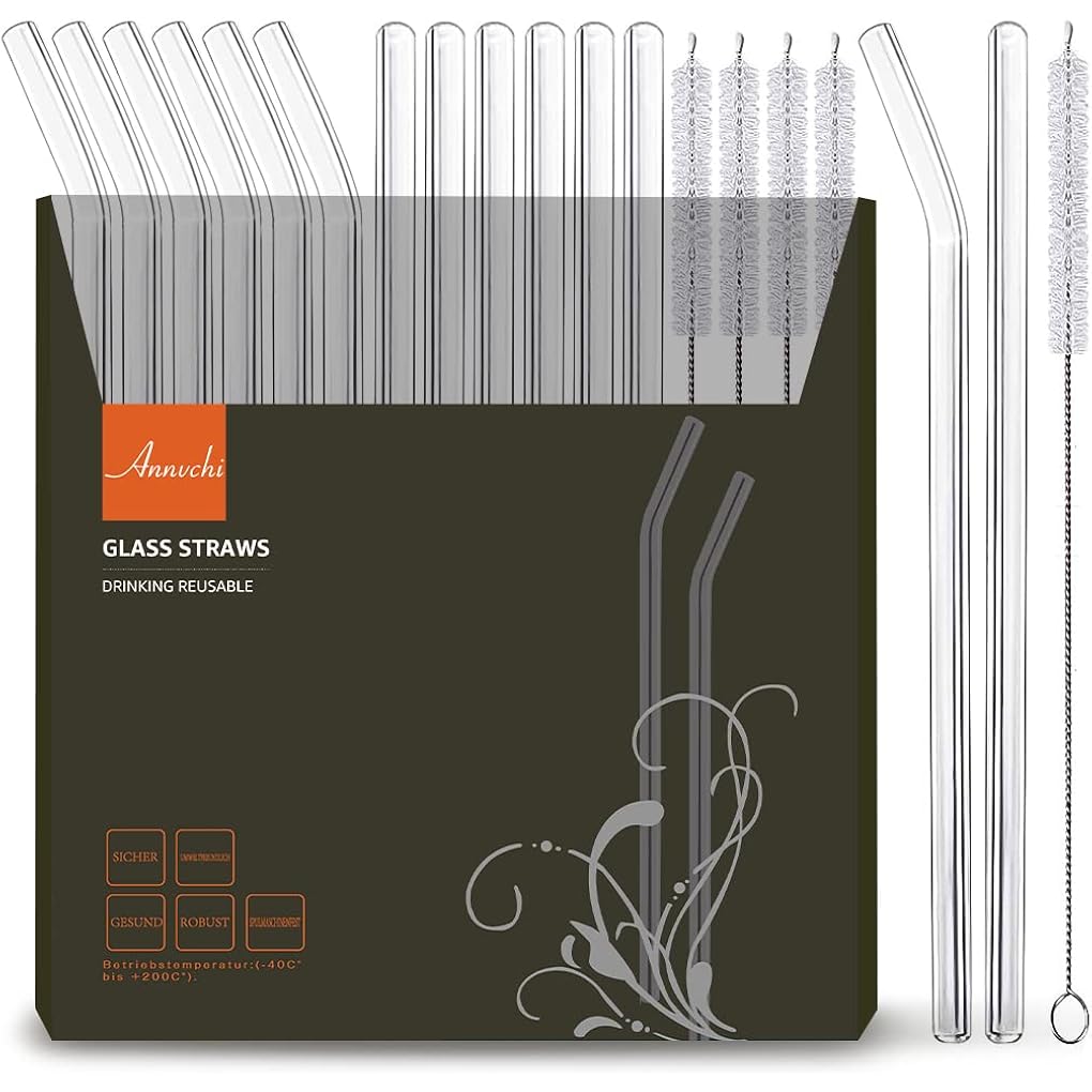 Annvchi 16 Pack Reusable Glass Straws,Set Of 6 Straight And 6 Bent With 4 Cleaning Brush,Perfect For Smoothies,Tea, Juice, Milkshakes(8.5''X10 Mm)