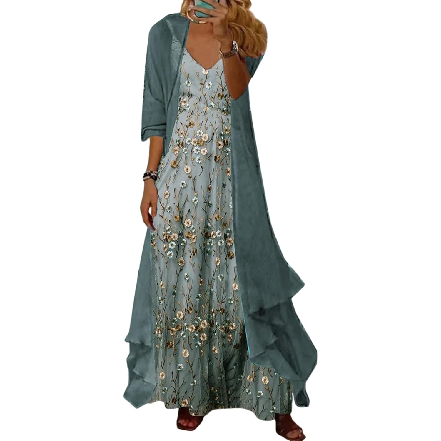 Loz 2 Piece Sets For Women Summer Maxi Dresses Sleeveless Spaghetti Strap Floral Dresses With Sheer Cardigan Matching Sets