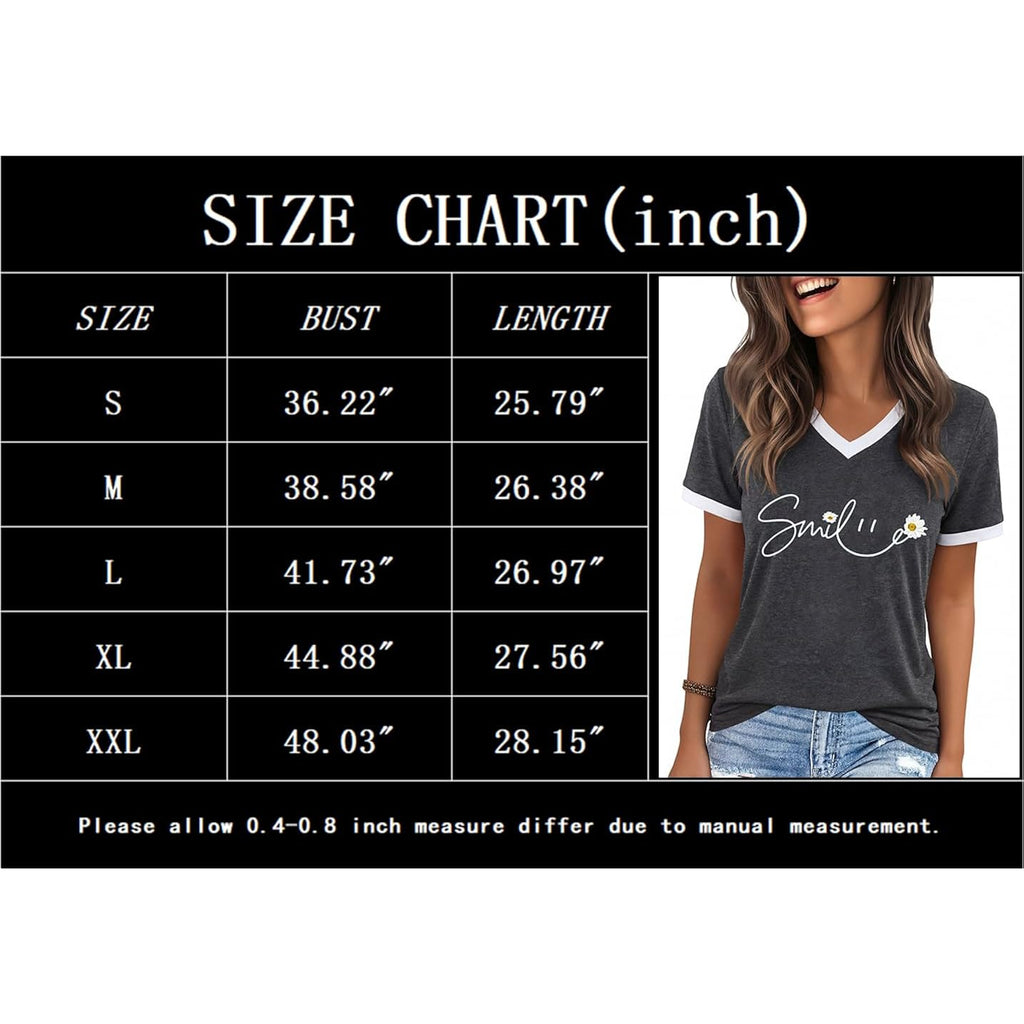 YEXIPO Womens T Shirts Graphic Tees Spring Short Sleeve V Neck Funny Letter Print Casual Loose Cute Summer Tops Grey Smile