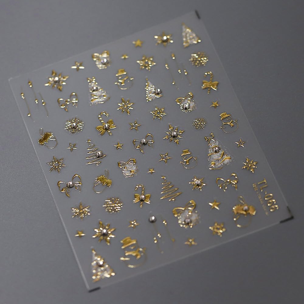 Christmas Nail Art Stickers - 3D Xmas Nail Sticker with Charms Rhinestone for Winter Holiday, Gold Christmas Nail Stickers for Nail Art Self-Adhesive Nail Decals DIY Nail Decoration