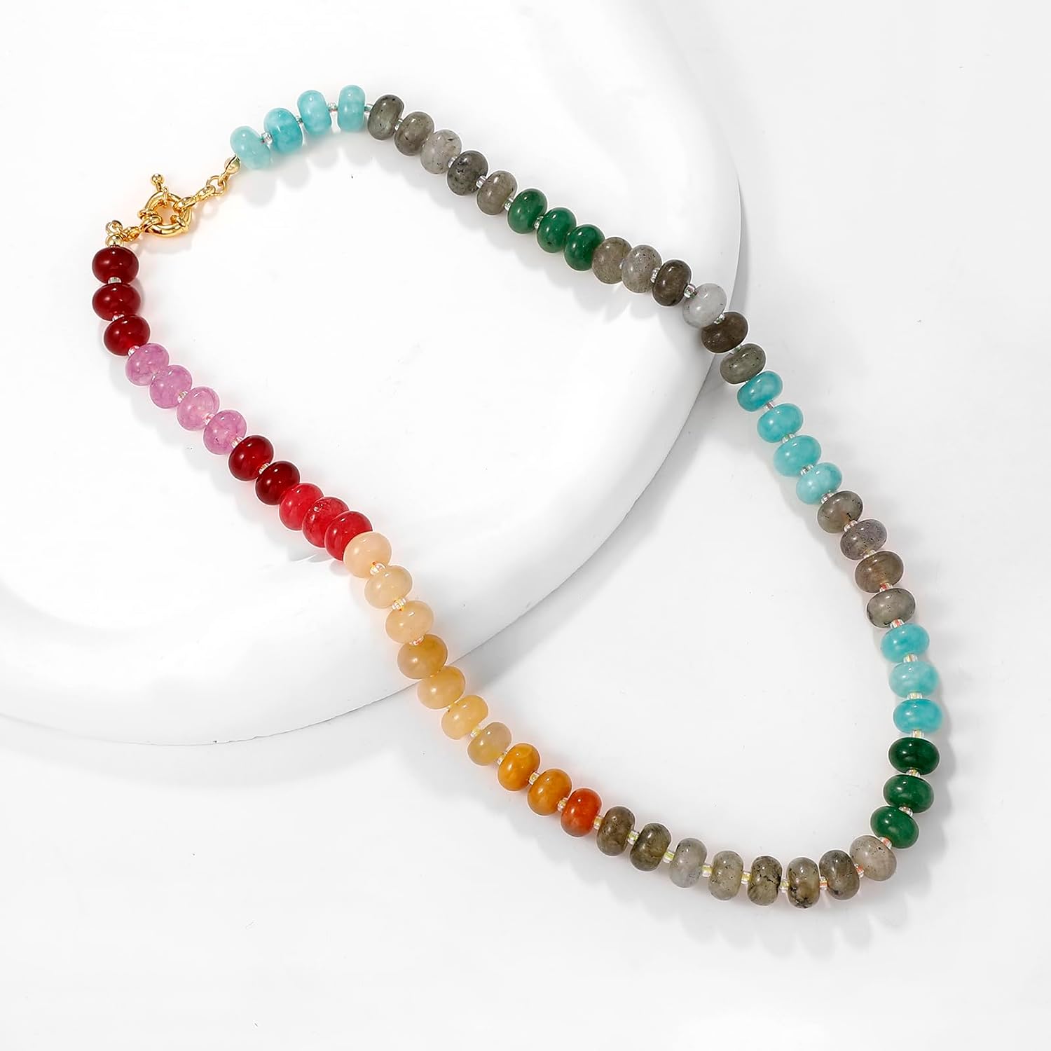 Zissunbeam Bead Gemstone Choker Necklace for Women,Colorful Natural Stone Beaded Statement Boho Beach Necklace Jewelry for Women, Rainbow Stone Charm Trendy Necklaces