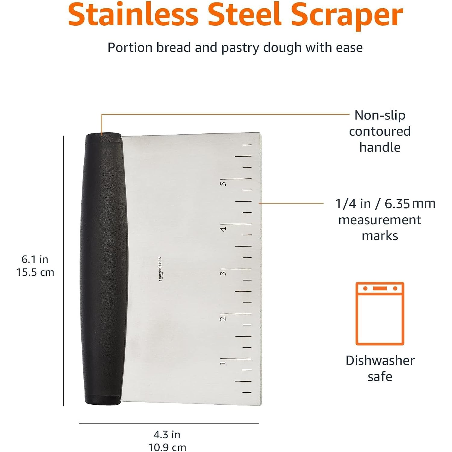 Amazon Basics Multi-Purpose Bench Scraper, Stainless Steel Dough Cutter With Measurement Marks, Dishwasher Safe, Non-Slip Contoured Grip, 6", Black, Silver