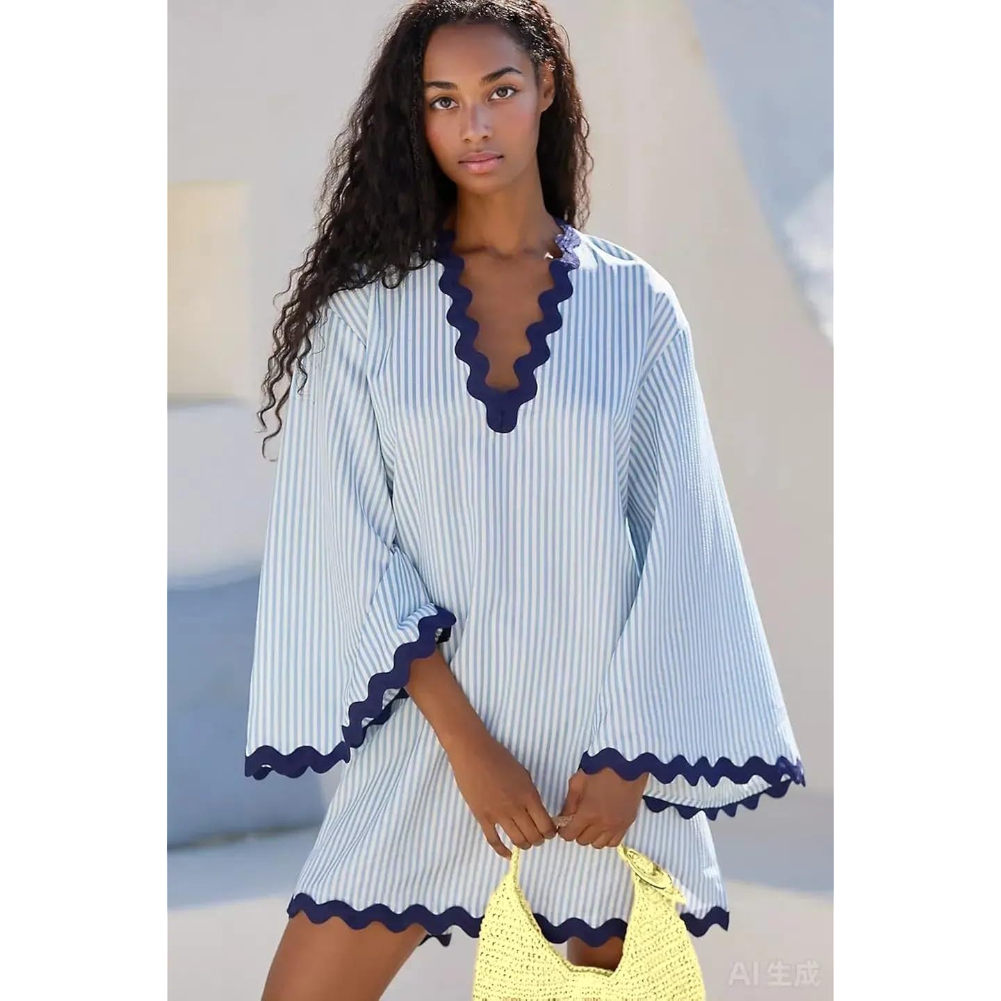 Vaoyiu Women'S Boho Striped V-Neck Dress Flowy Bell Sleeves Cover Up With Wavy Trim Beach Resort Kaftan Style