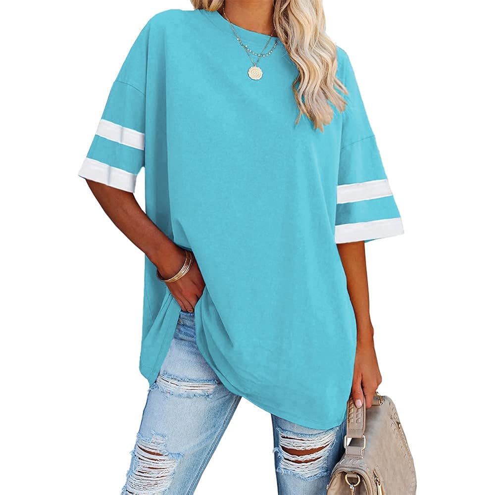 Fisoew Womens Oversized Tees Loose T Shirts Half Sleeve Crew Neck Color Block Cotton Tunic Tops