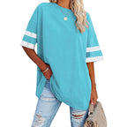 Fisoew Womens Oversized Tees Loose T Shirts Half Sleeve Crew Neck Color Block Cotton Tunic Tops
