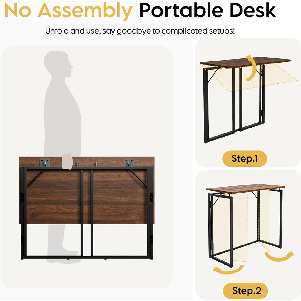 31.5" Folding Desk: No Assembly, Wood Top For Small Spaces | Home Office Desk, Holds 150 Lbs, Folds Flat To 2.3 In, Splash-Proof Wood Top, Sturdy Metal Frame