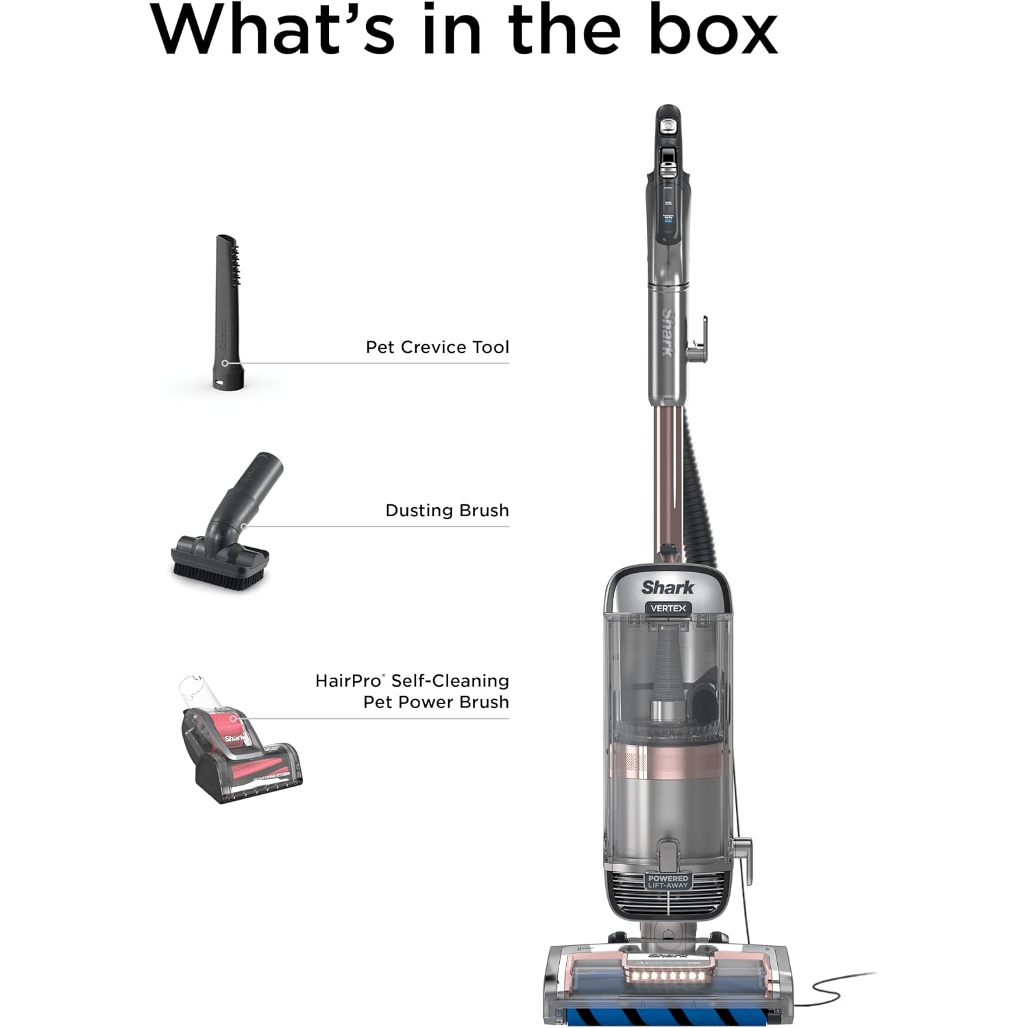 Shark Az2002 Vertex Powered Lift-Away Upright Vacuum With Duoclean Powerfins, Self-Cleaning Brushroll, Large Dust Cup, Pet Crevice Tool, Dusting Brush & Power Brush, Silver/Rose Gold