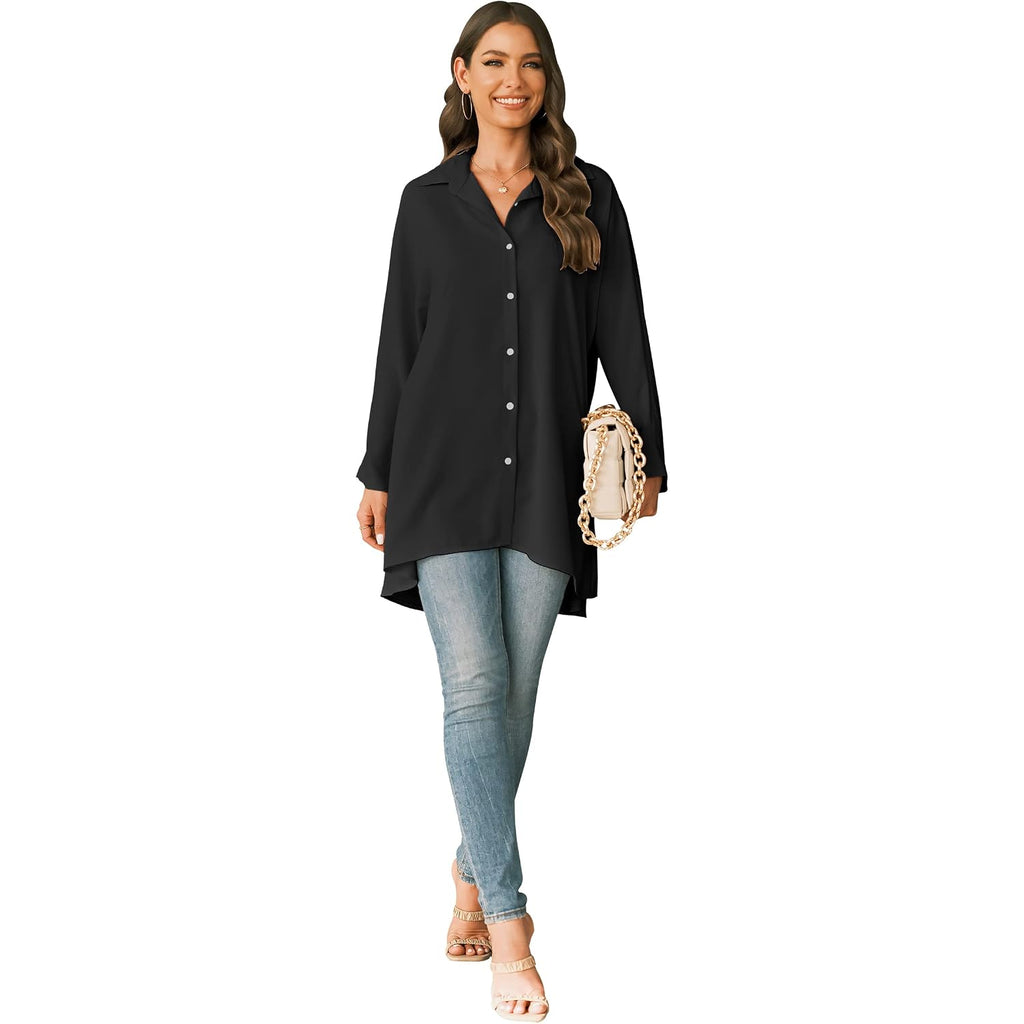 Aoysky Womens Oversized T Shirts Button Down Long Sleeve Shirt V Neck Collar Loose Flowy Blouse