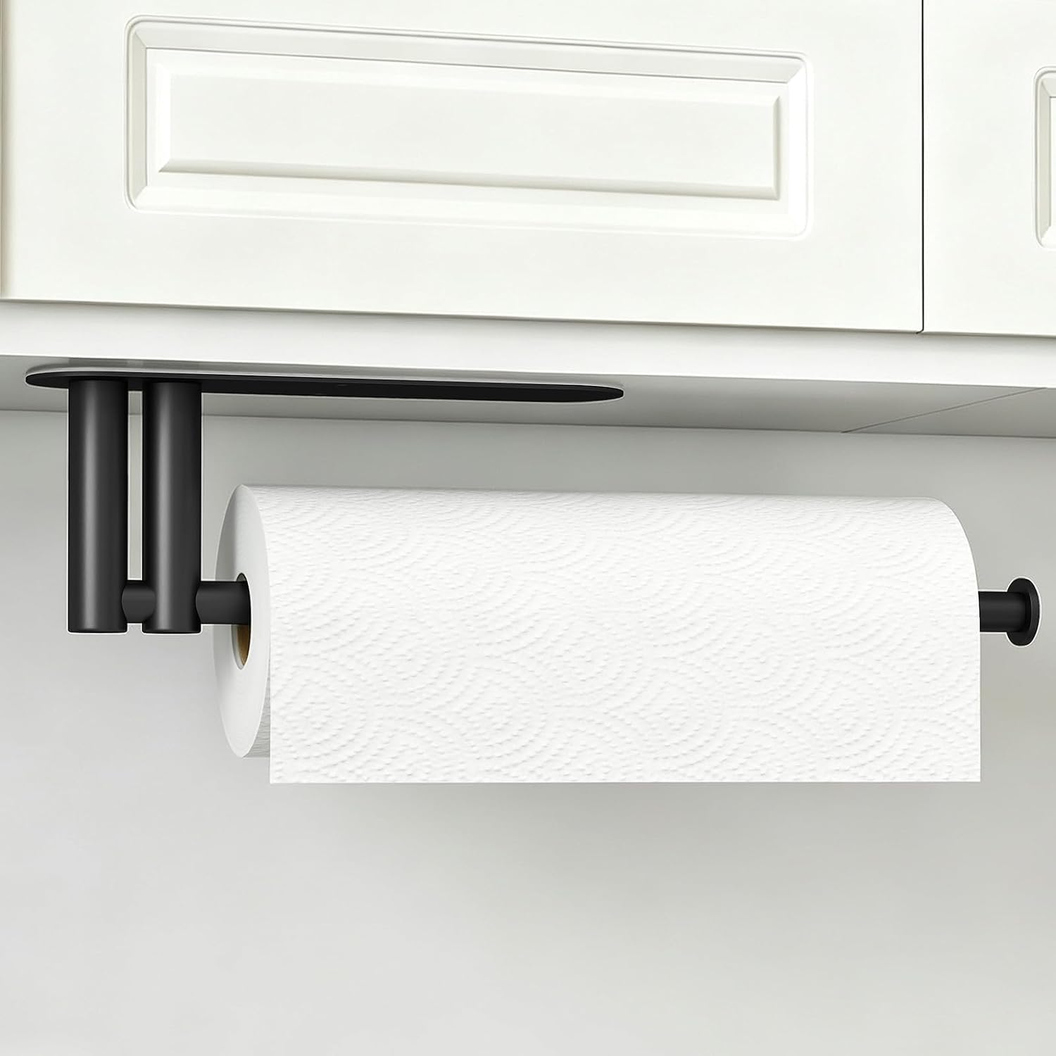 Paper Towel Holder Under Cabinet, Upgraded Dual-Rod Adhesive Paper Towel Holder With Longer Base, Stainless Steel Wall Mounted Holder For Kitchen Towels, No Drill, Black