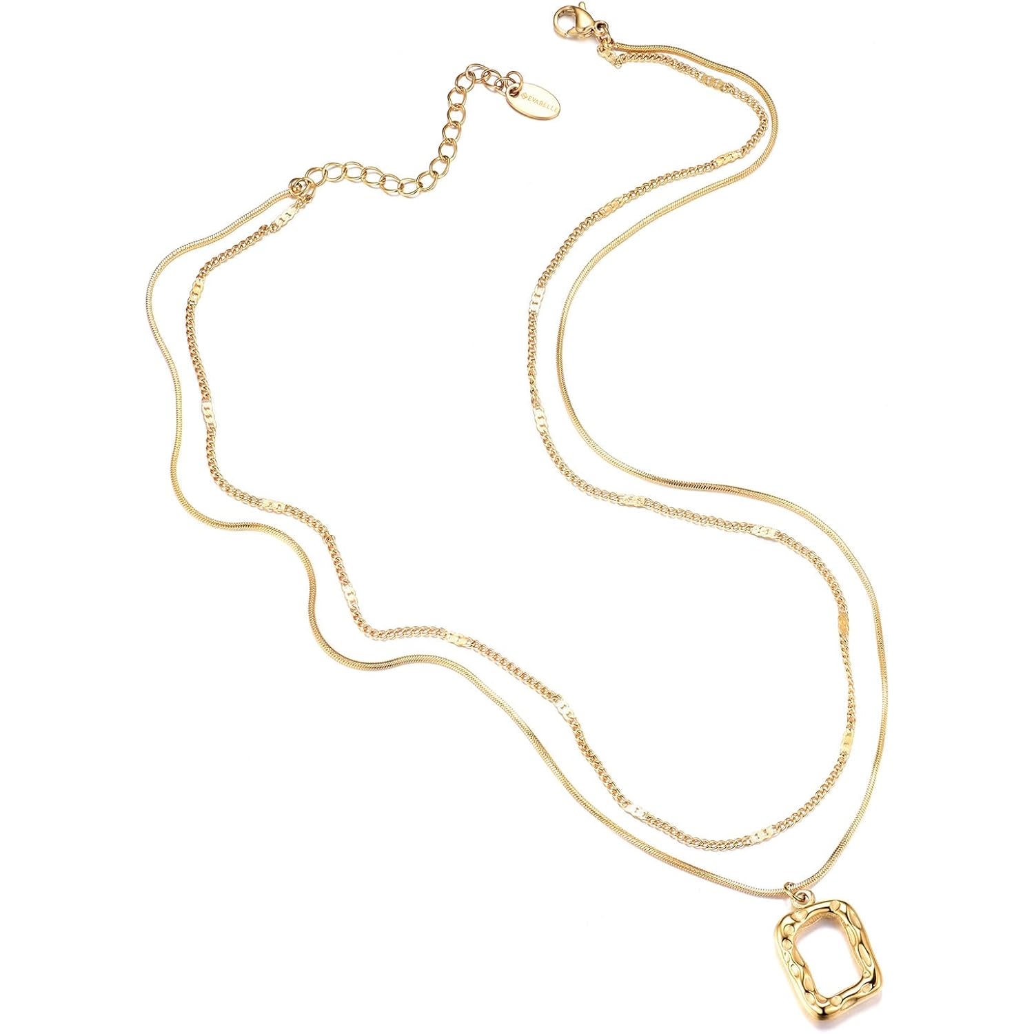 Evabelle Gold Layered Necklace for Women Trendy Jewelry 14K Real Gold Plated Chunky Chain Stackable Necklaces Dainty Choker Necklaces Rectangle Square Pendant