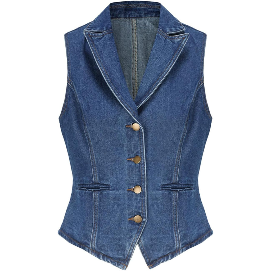 Lapel Denim Vest For Women Sleeveless Jean Waistcoat Vest Top
