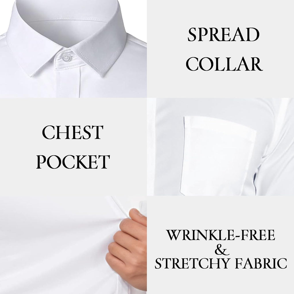 Mens Dress Shirts Long Sleeve Collared Stretch Solid Formal Wedding Dating Business Casual Button Down Shirt Pocket
