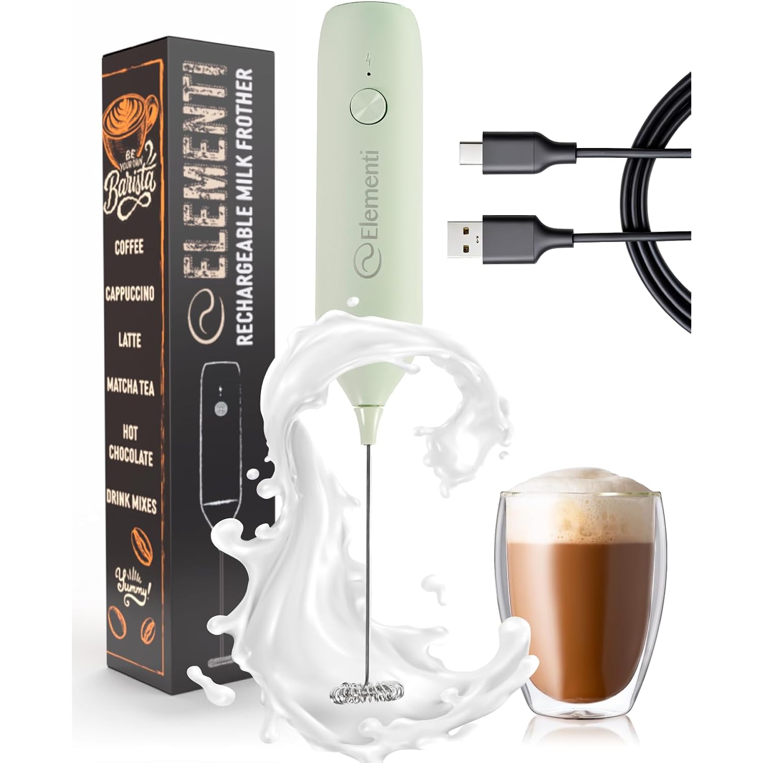 Elementi Rechargeable Milk Frother Wand & Drink Mixer Handheld - Powerful Usb-C Rechargeable Frother - Hand Held Milk Foamer Whisk To Make Perfect Cappuccinos, Lattes & Drink Mixes (Mint Green)