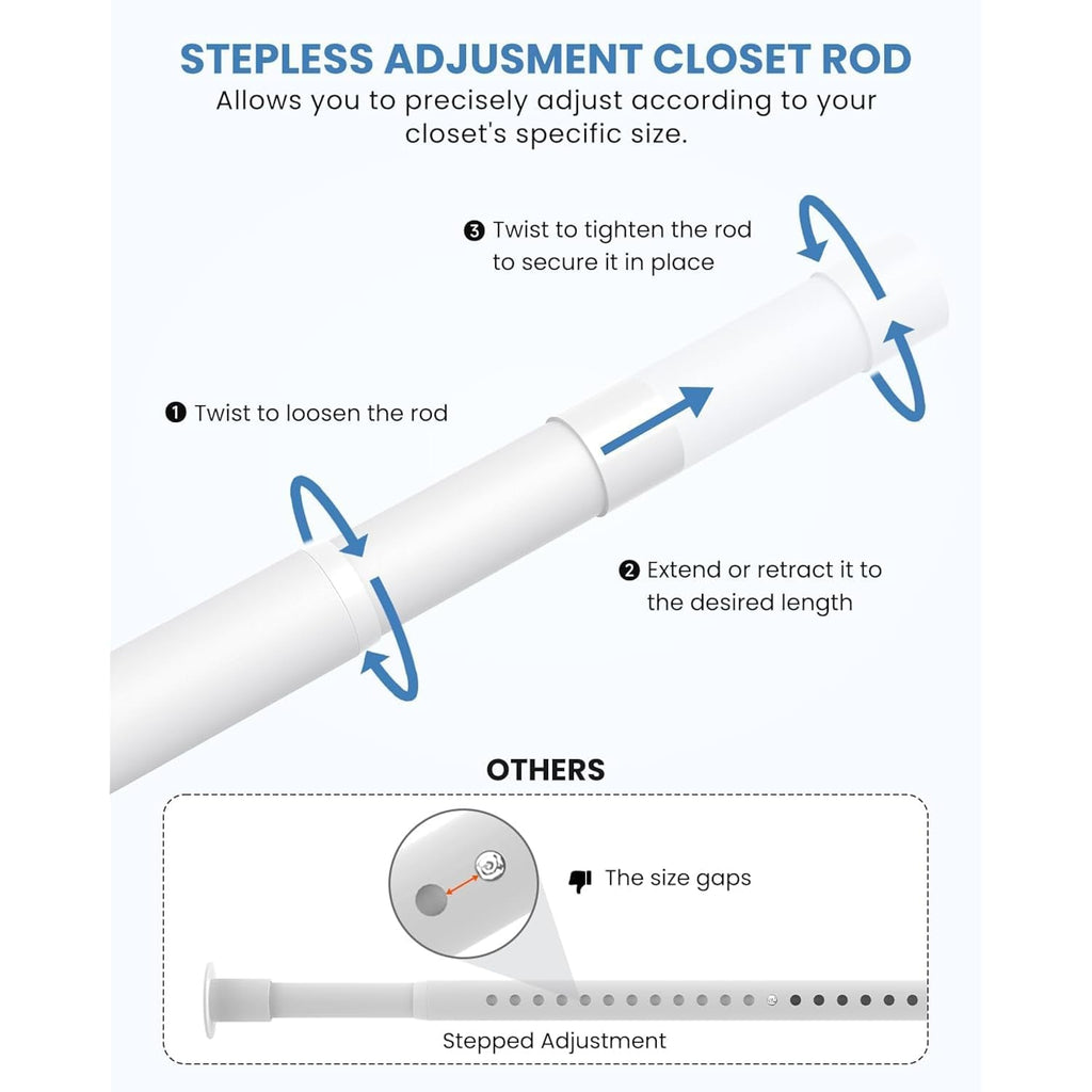 Closet Rods For Hanging Clothes, 17 To 69 Inches Stepless Adjustable Metal Closet Rod, 1.3 Inches Heavy Duty Clothes Hanging Rod For Closet Wardrobes Laundry Rv, White