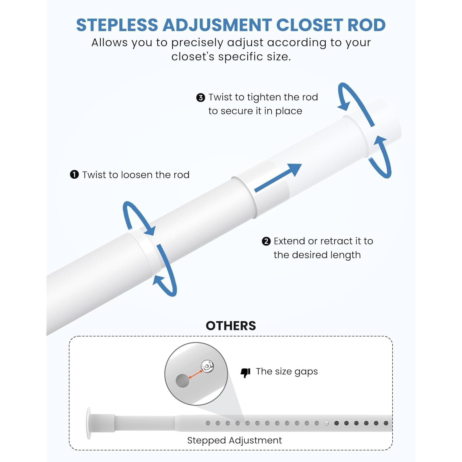 Closet Rods For Hanging Clothes, 17 To 69 Inches Stepless Adjustable Metal Closet Rod, 1.3 Inches Heavy Duty Clothes Hanging Rod For Closet Wardrobes Laundry Rv, White