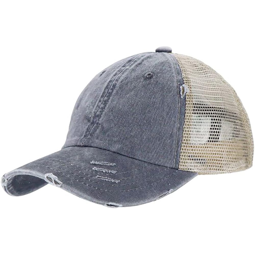 Distressed Ponytail Hats Baseball for Women Messy-Bun Pony Caps Grey