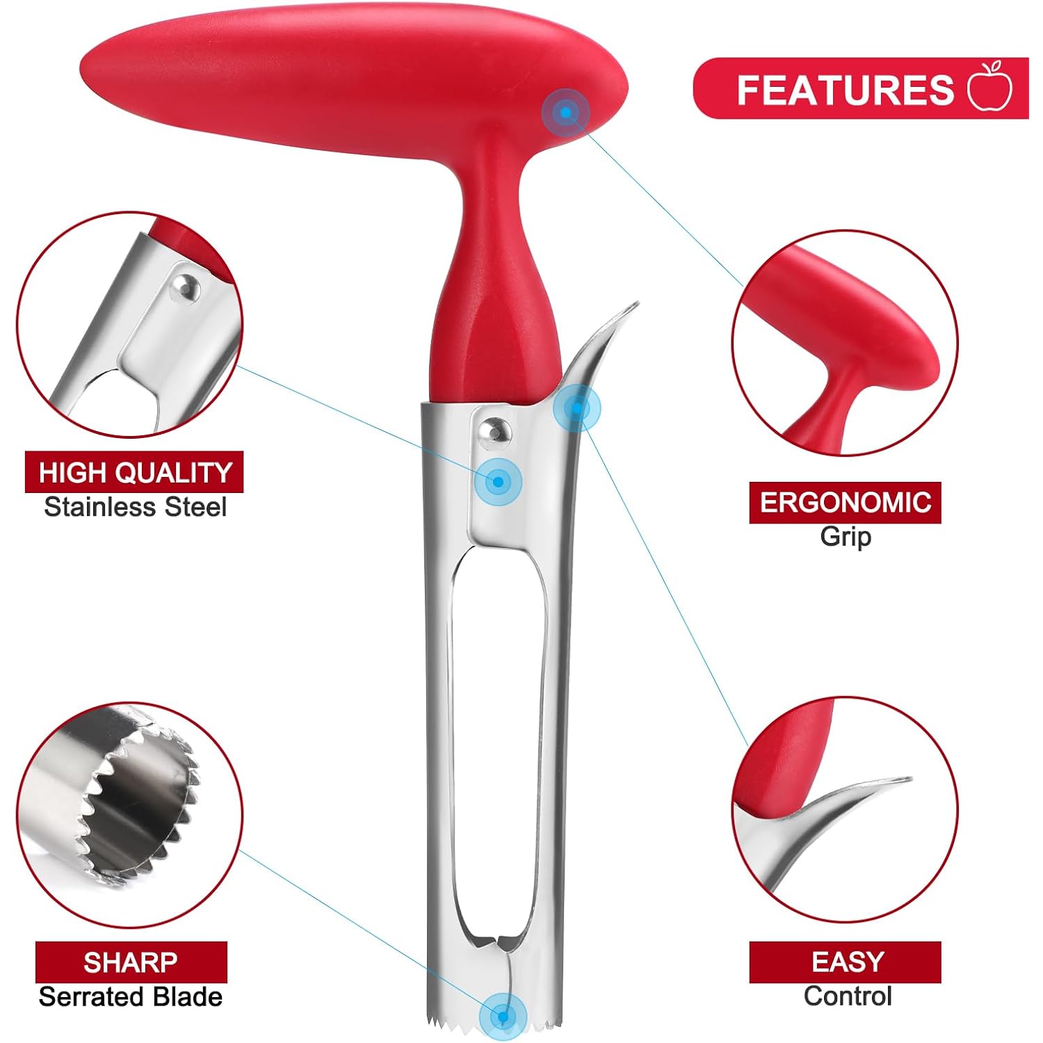 Schvubenr Premium Apple Corer Tool - Easy To Use And Clean - Sturdy Apple Core Remover With Sharp Serrated Blades - Stainless Steel Corers For Apple And Pear - Core Fruits With Ease(Red)