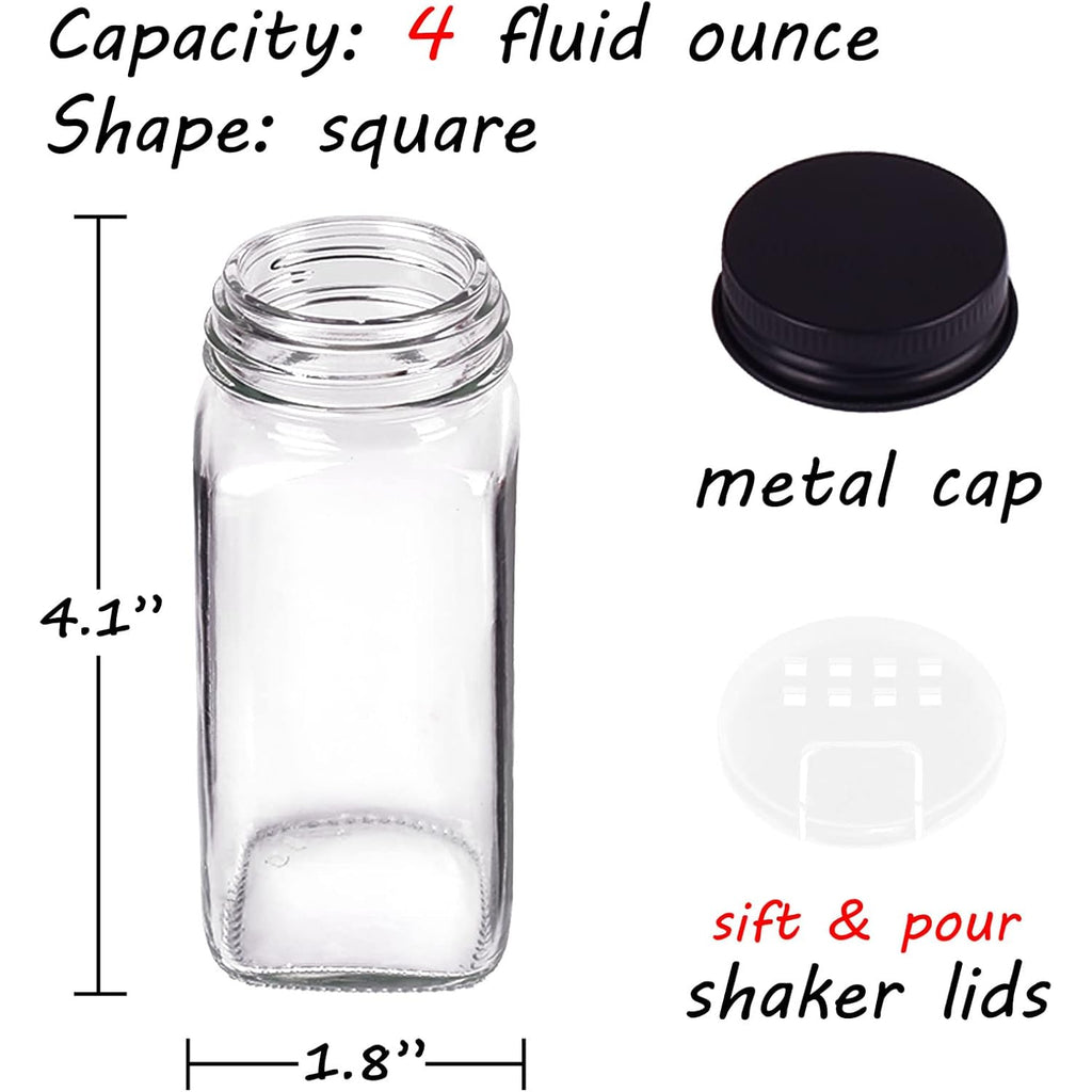 25 Spice Jars With 547 Labels- Glass Spice Jars With Black Metal Caps, 4Oz Empty Spice Containers With Shaker Lids, Funnel, Chalk Pen, Square Seasoning Bottles For Spice Rack, Drawer, Cabinet