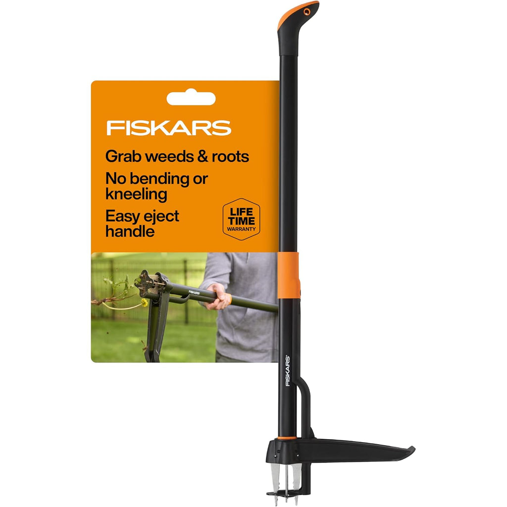 Fiskars Stand-Up Weed Puller Tool, 4 Serrated Stainless Steel Claws Grip Roots For Permanent Removal, Reinforced Foot Platform Penetrates Tough Soil, Easy-Eject & Ergonomic Offset Handle, 39"