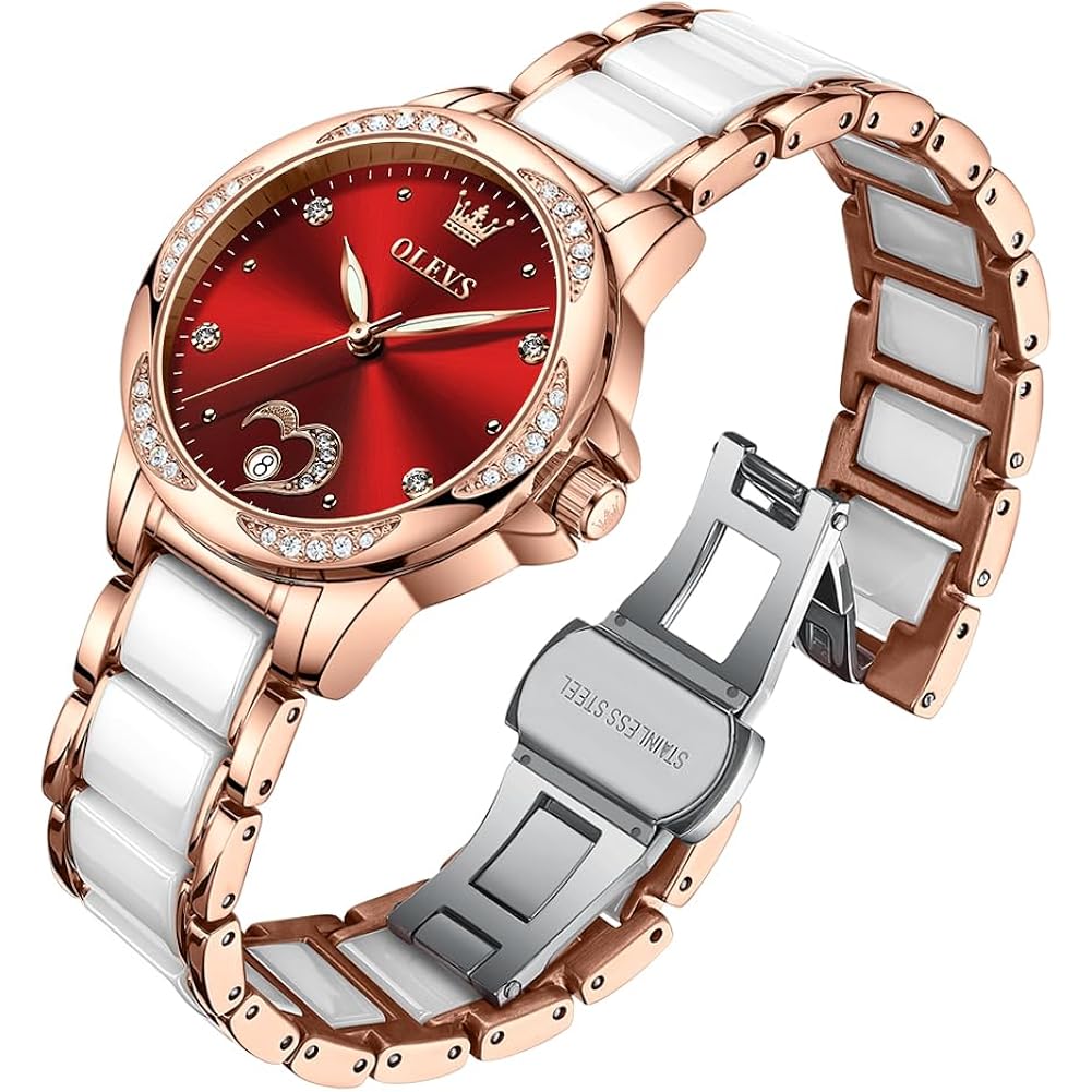 Olevs Automatic Watch For Women Luxury Diamond Rose Gold Ladies Self Winding Mechanical Ceramic Wrist Watch Love Heart Date