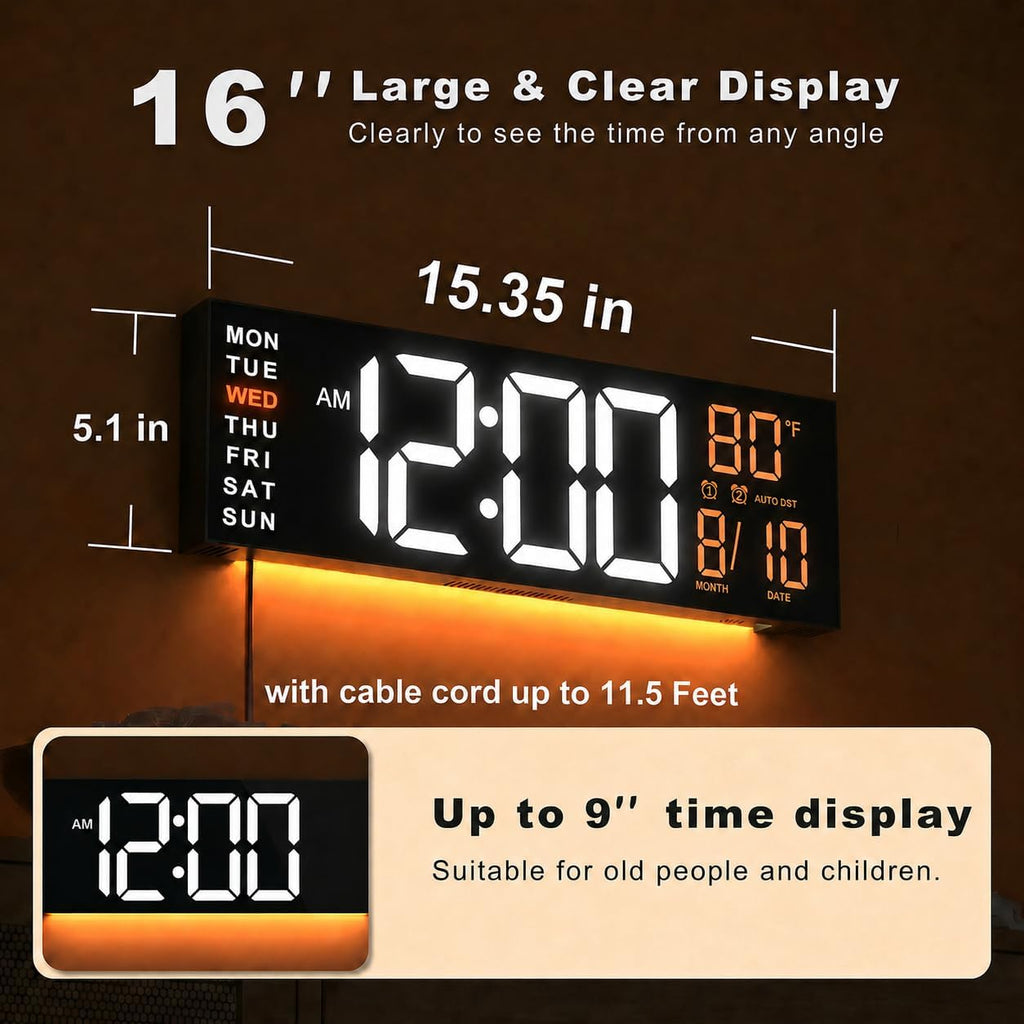 Jall 16" Large Digital Wall Clock With Remote, Big Led For Seniors, Auto Dimming, 8 Rgb Colors, Night Light, Count Down Timer, Alarm, Dst, Temperature For Living Room, Back To School Classroom