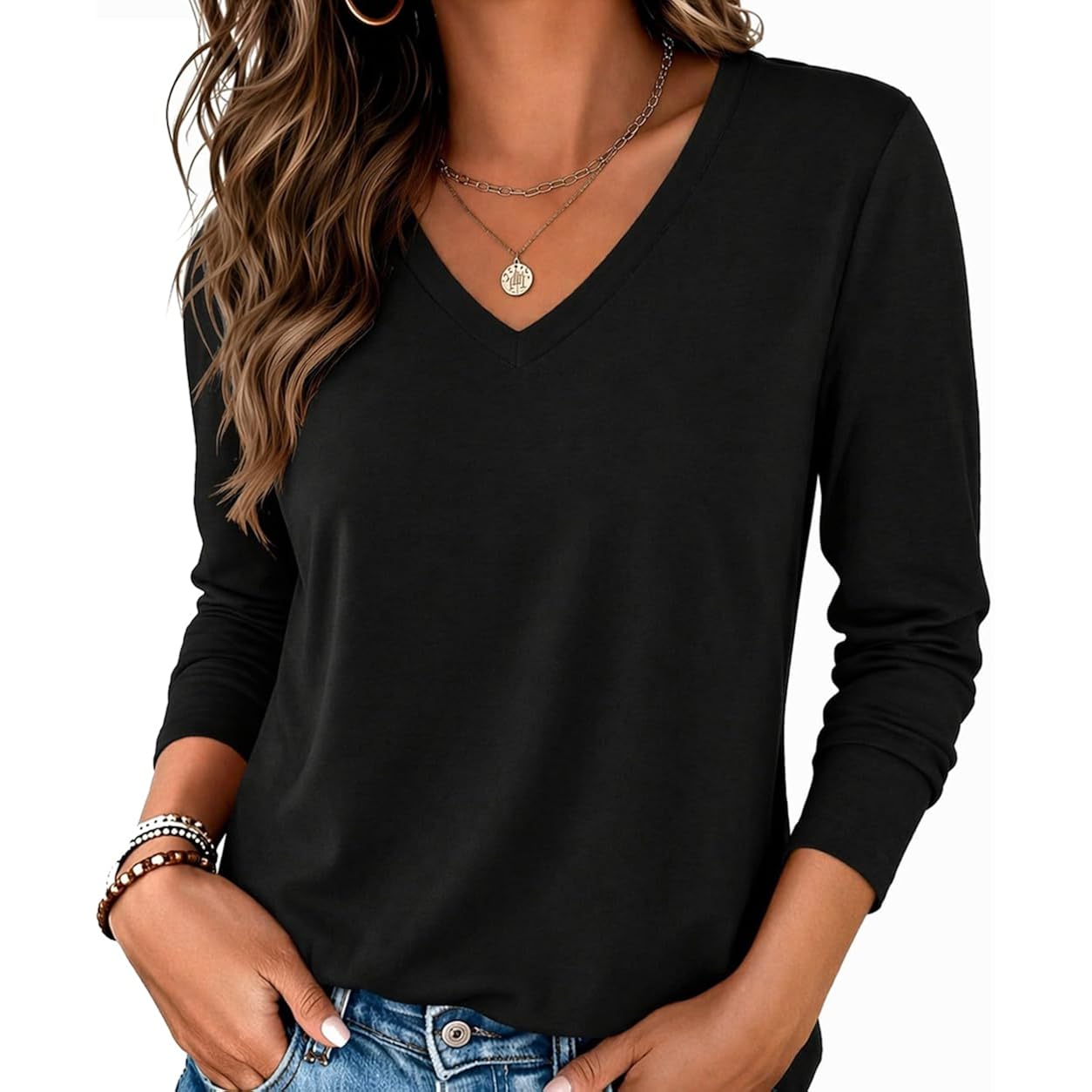 Zeagoo Womens Long Sleeve Shirts V Neck Basic Tee Tops Dressy Casual Business Work Blouses Fall Outfits S-3Xl