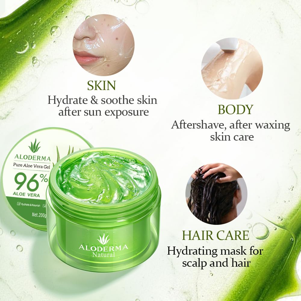 Aloderma Aloe Vera Gel Made Within 12 Hours Of Harvest With 96% Pure Organic Aloe Vera For Skin, Scalp, & Hair, Soothing Aloe Face Moisturizer, Multipurpose, Hydrating Aloe Gel, 7.05Oz