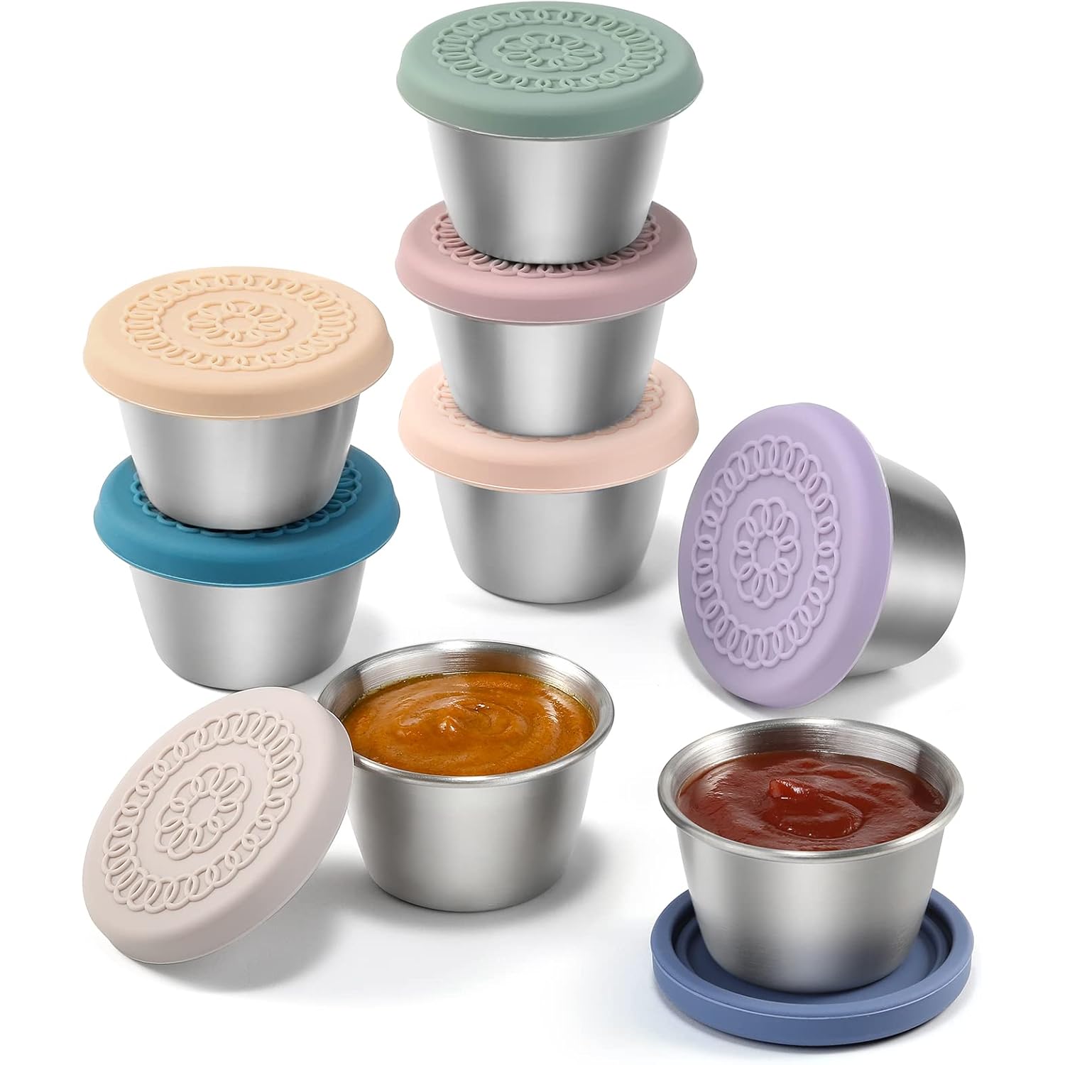 [8 Pack] Salad Dressing Container To Go, 2.4oz Small Condiment Containers with Leakproof Silicone Lids, Reusable Stainless Steel Sauce Cups for Lunch Bento Box, Picnic and Travel