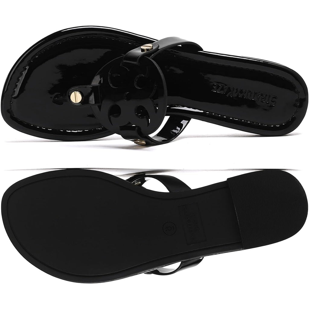 Stratuxx Kaze Women'S Dressy Patent Leather Thong Sandals With Memory Foam,Comfy Beach Slides Slip On Flat Sandals For Women