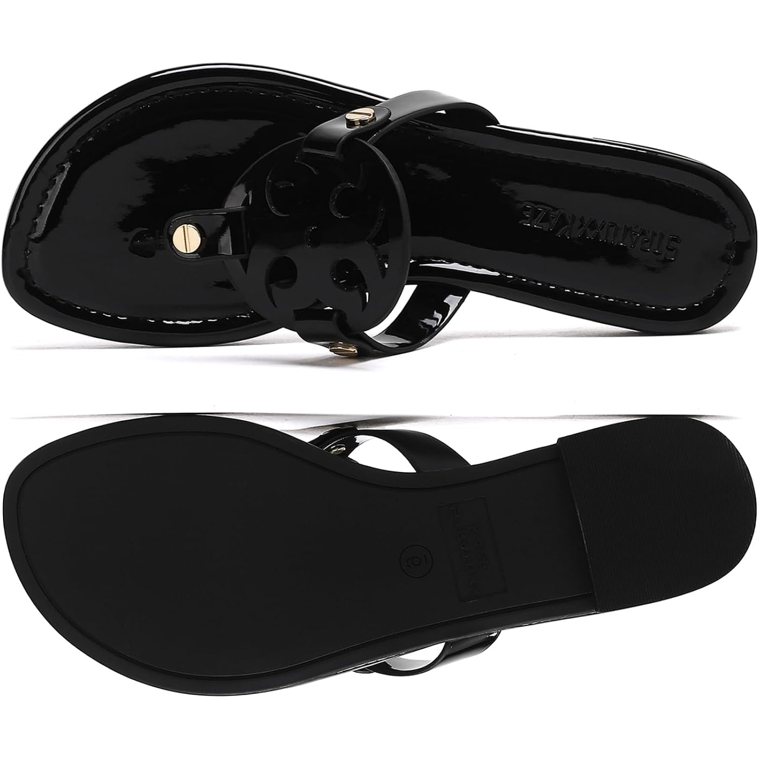 Stratuxx Kaze Women'S Dressy Patent Leather Thong Sandals With Memory Foam,Comfy Beach Slides Slip On Flat Sandals For Women