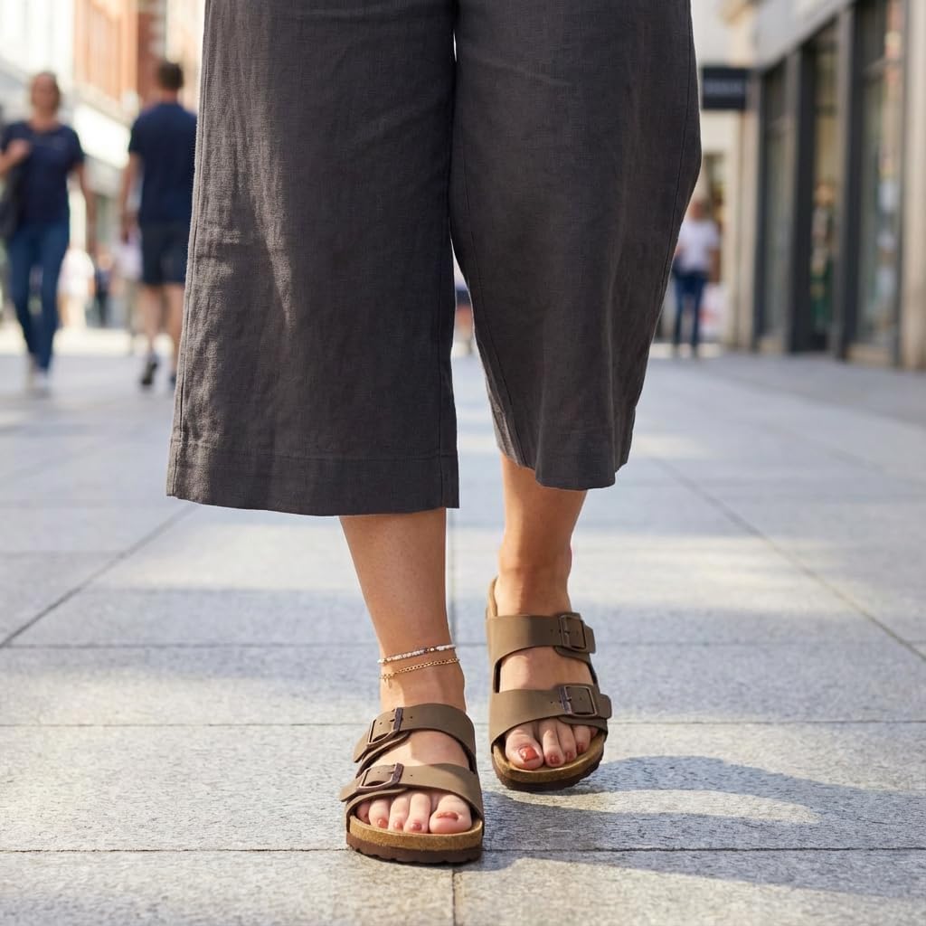 Cushionaire Lane Cork Footbed Womens Sandals Comfortable Double Buckle Slip On Sandals For Women With Arch Support And Classic Two Strap Design