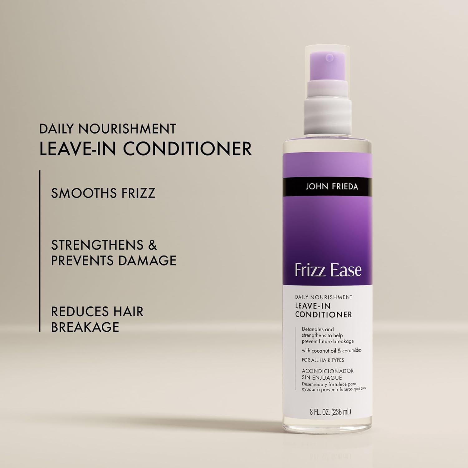 John Frieda Frizz Ease Daily Nourishment Leave-In Conditioner, Anti-Frizz Leave-in Conditioner for Curly Hair and Straight Hair, 8 Fl Oz